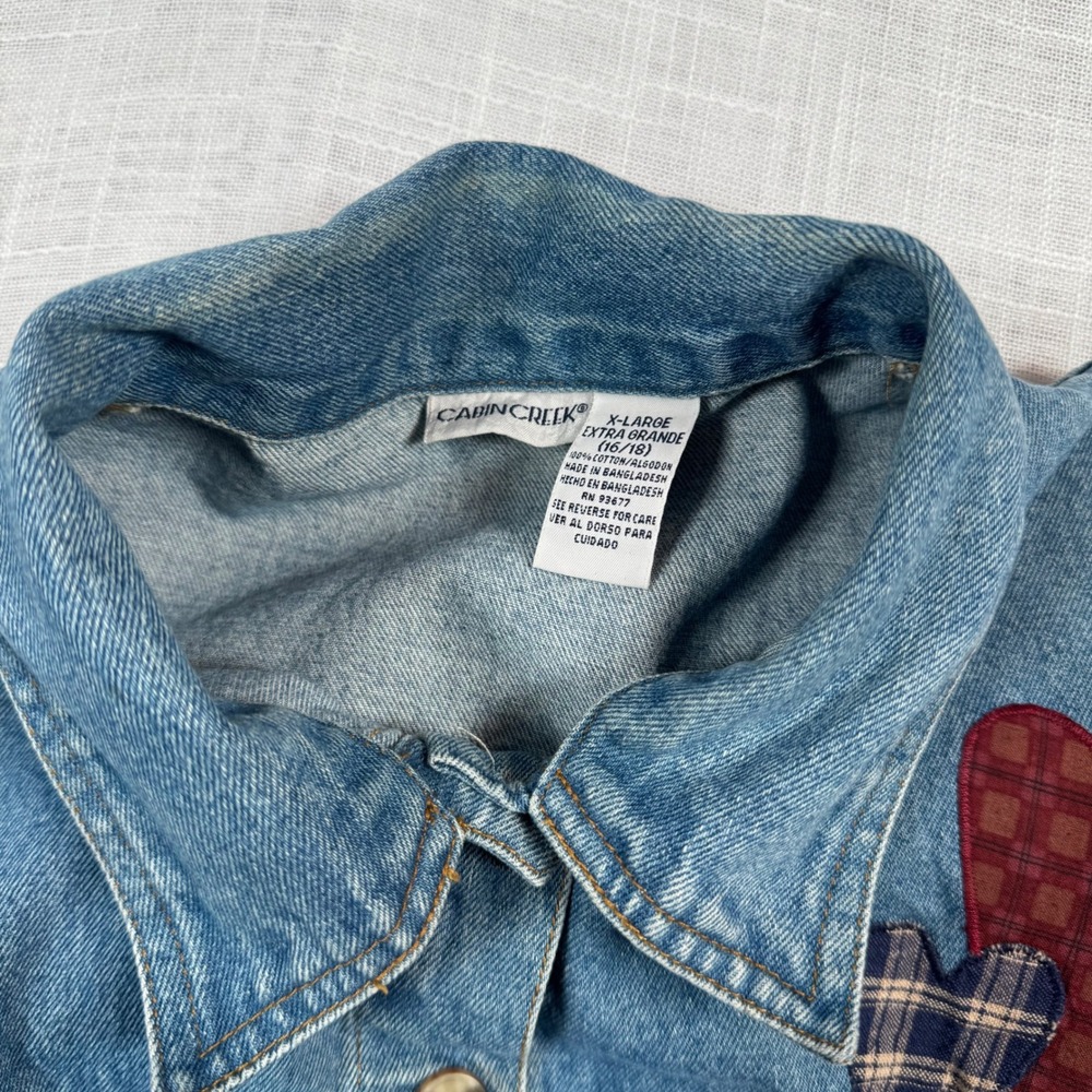 VTG Women XL Denim Coat Jacket Applique Birdhouse Patchwork Cottage Barn Chore - Picture 4 of 16
